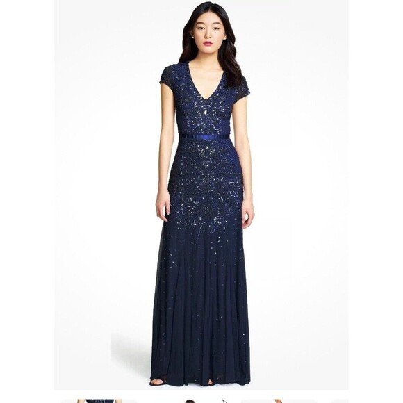 ADRIANNA PAPELL Prom SZ 10 Cap Sl Dress Sequin Navy Blue Beaded Gown Sleeve $229 - Picture 2 of 11